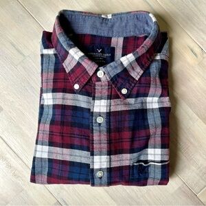 American Eagle Men's Plaid Button Down Long Sleeve Shirt Red Blue XL
